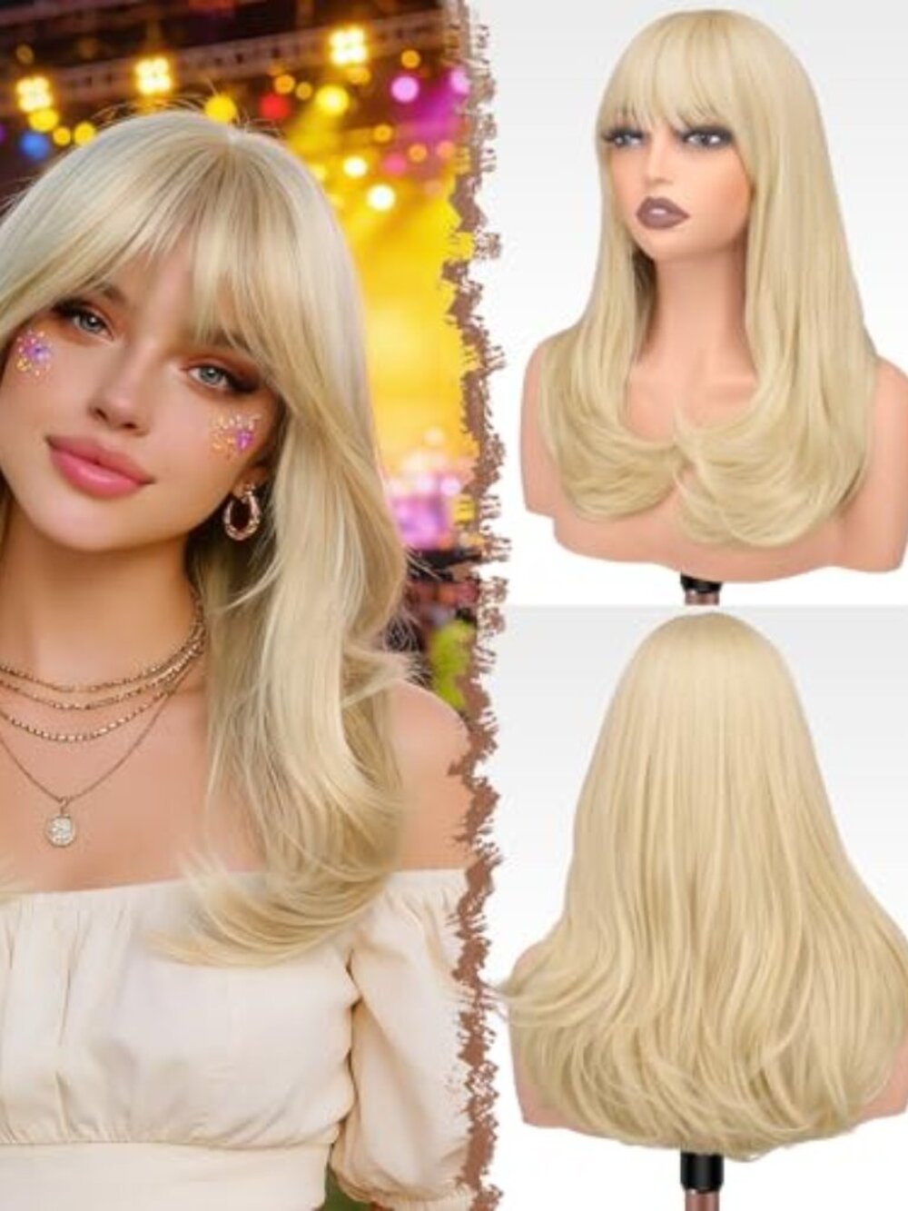 Long Wigs with Bangs, Synthetic Natural Looking Layered Straight Hair Wig